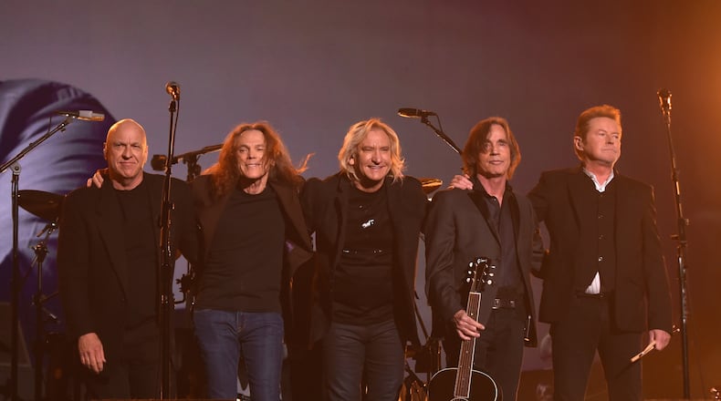 LOS ANGELES, CA - FEBRUARY 15: (L-R) Musicians Bernie Leadon, Timothy B. Schmit, Joe Walsh, Jackson Browne and Don Henley, paying tribute to Eagles founder Glenn Frey, appear onstage during The 58th GRAMMY Awards at Staples Center on February 15, 2016 in Los Angeles, California. (Photo by Larry Busacca/Getty Images for NARAS)