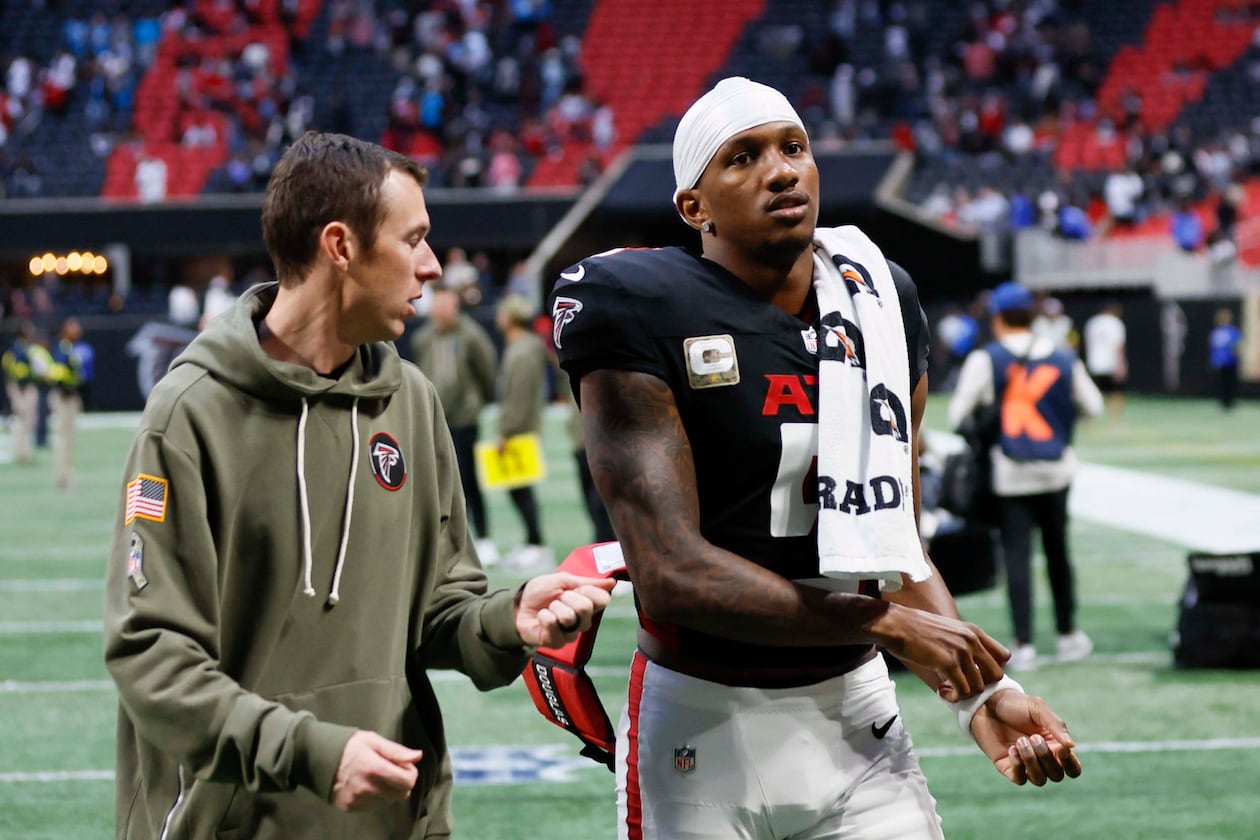 Atlanta Falcons quarterback Michael Penix Jr. leaves the field after the game. The Carolina Panthers defeated the Atlanta Falcons in overtime 30-27, at Mercedes-Benz Stadium in Atlanta on Sunday, Nov. 16, 2025. (Miguel Martinez/AJC)
