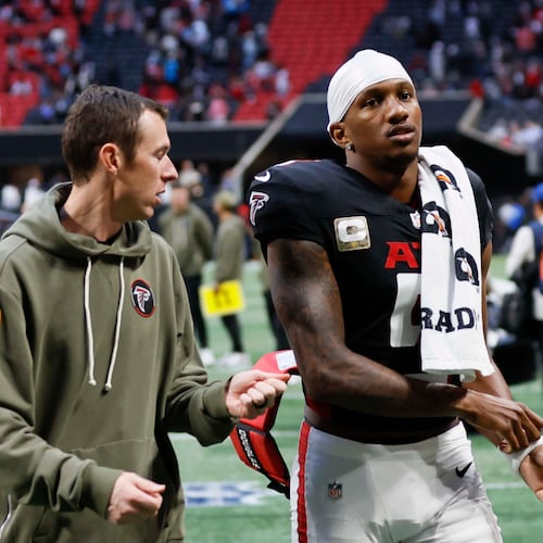 Atlanta Falcons quarterback Michael Penix Jr. leaves the field after the game. The Carolina Panthers defeated the Atlanta Falcons in overtime 30-27, at Mercedes-Benz Stadium in Atlanta on Sunday, Nov. 16, 2025. (Miguel Martinez/AJC)