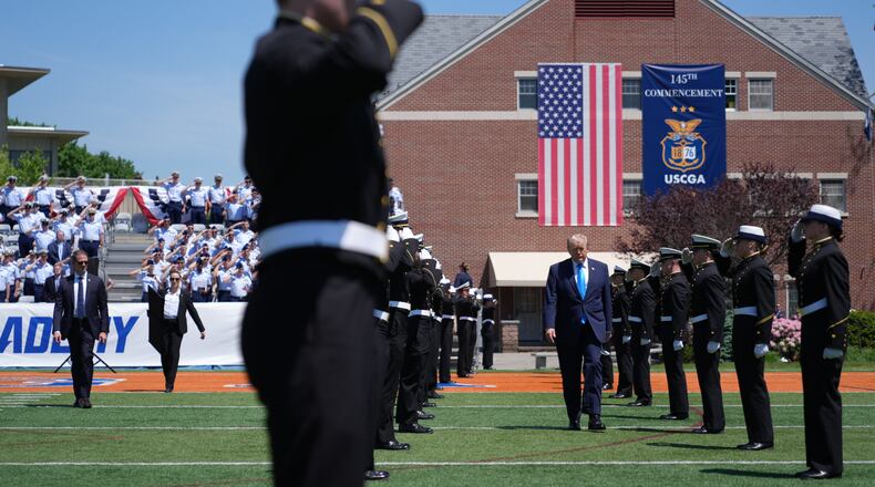 President Donald Trump arrives for the commencement address at the U.S. Coast Guard Academy, in New London, Conn., Wednesday, May 20, 2026. (AP Photo/Jacquelyn Martin)