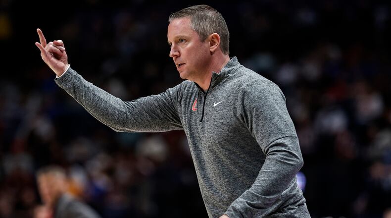 Georgia head coach Mike White speaks during the first half of an NCAA college basketball game at the Southeastern Conference tournament against Oklahoma, Wednesday, March 12, 2025, in Nashville, Tenn. (AP Photo/Wade Payne)