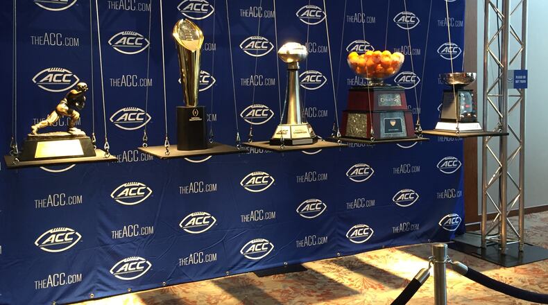 Trophies on display during the ACC Kickoff in Charlotte, N.C. on July 14, 2017. (Alex Makrides)