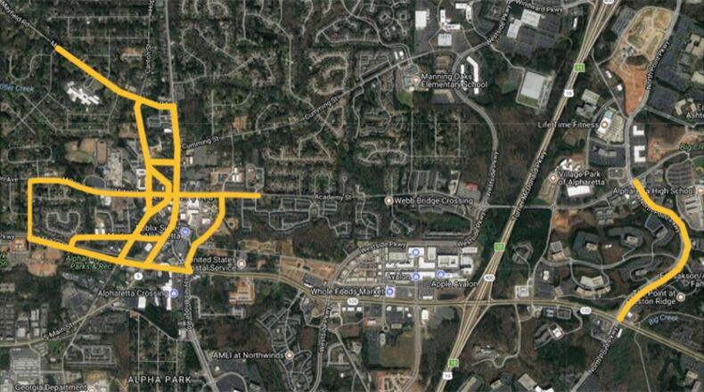 An engineering consultant will review these streets in central Alpharetta for a walkability and pedestrian safety study. CITY OF ALPHARETTA