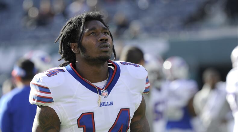 FILE - In this Jan. 1, 2017, file photo, Buffalo Bills wide receiver Sammy Watkins works out prior to an NFL football game against the New York Jets, in East Rutherford, N.J. The Bills have declined to pick up the fifth-year option on receiver Sammy Watkins' contract for the 2018 season. The decision was announced Tuesday, May 2, 2017, by coach Sean McDermott and leaves Watkins' future in Buffalo uncertain after this season.(AP Photo/Bill Kostroun, File)