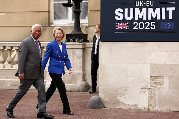European Council President Antonio Costa, left, and European Commission President Ursula von der Leyen arrive to attend a United Kingdom and European Union summit at Lancaster House, London, Monday, May 19, 2025. (Henry Nicholls/Pool Photo via AP)