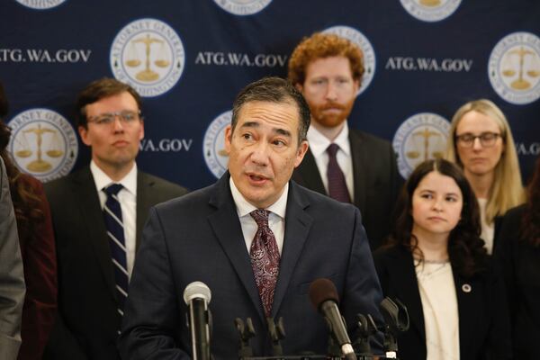 Washington Secretary of State Steve Hobbs speaks during a news conference at which the state attorney general announced a federal lawsuit challenging President Donald Trump's executive order attempting to overhaul elections in the U.S., in Seattle, Friday, April 4, 2025. (AP Photo/Manuel Valdes) xlm517