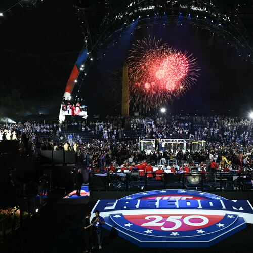 Fireworks go off as Justin Gaethje celebrates after defeating Ilia Topuria in a lightweight title bout during UFC Freedom 250 on the South Lawn of the White House, Monday, June 15, 2026, in Washington. (Saul Loeb/Pool Photo via AP)