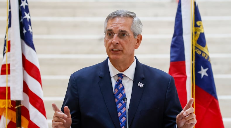 Secretary of State Brad Raffensperger launched the voter registration cancellation website Monday, providing an online method for voters to remove their outdated registrations. (Miguel Martinez / AJC)