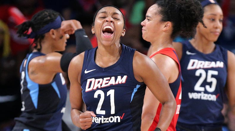 Atlanta Dream guard Renee Montgomery reacts to a score against the Washington Mystics during a come back that came up three points short during the second half in a WNBA semifinal playoff game on Sunday, August 26, 2018, in Atlanta. The Mystics beat the Dream 87-84.   Curtis Compton/ccompton@ajc.com