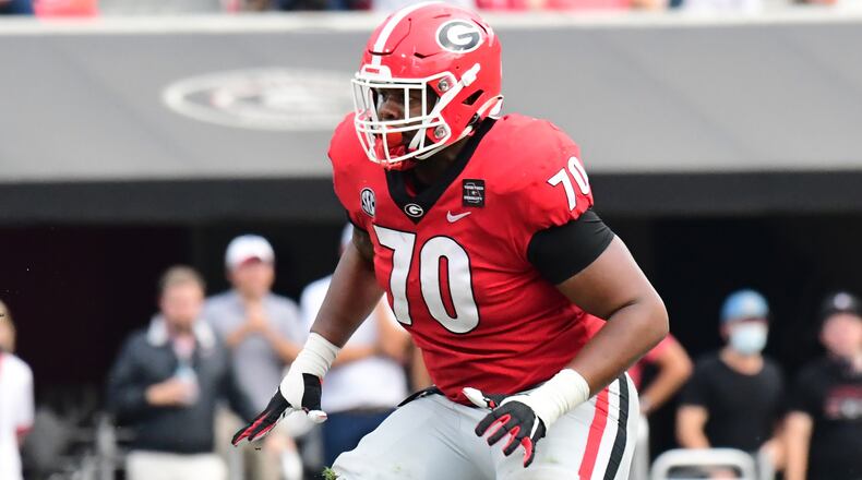 Georgia offensive lineman Warren McClendon (70) during the Bulldogs' game against Tennessee Saturday, Oct. 10, 2020, in Athens. (Perry McIntyre/UGA Sports)