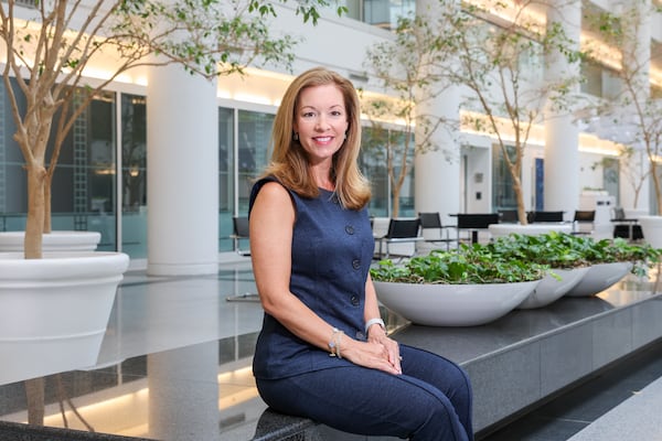 Katie Saez, regional president at Truist, at the Truist Plaza Garden Offices Atrium in Atlanta on June 10, 2026. (Arvin Temkar/AJC)