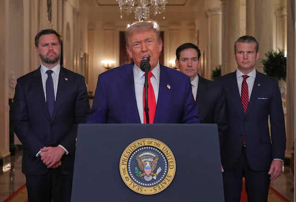 President Donald Trump speaks from the East Room of the White House in Washington, Saturday, June 21, 2025, after the U.S. military struck three Iranian nuclear and military sites, directly joining Israel's effort to decapitate the country's nuclear program, as Vice President JD Vance, Secretary of State Marco Rubio and Defense Secretary Pete Hegseth listen. (Carlos Barria/Pool via AP)