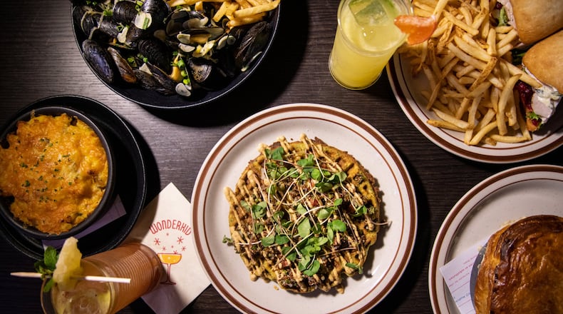 Wonderkid Falafel Waffle, The Mac N' Cheese, Steamed Mussels, Roasted Turkey Sandwich, and Roasted Chicken Pot Pie. Photo credit- Mia Yakel.