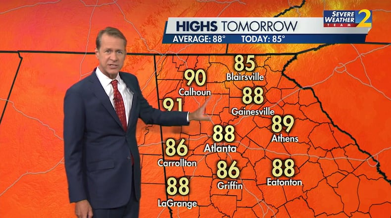 Channel 2 Action News meteorologist Brad Nitz predicts highs in the high 80s to low 90s across North Georgia to start the weekend Saturday.