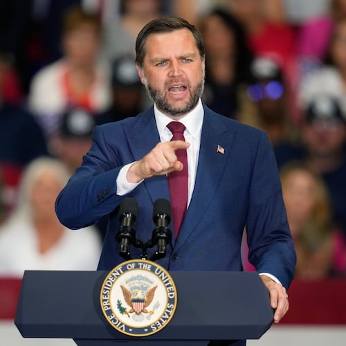 Vice President JD Vance speaks at Universal Contracting and Urban Tree Trimming, Monday, Aug. 31, 2026, in Sterling Heights, Mich. (AP Photo/Paul Sancya)