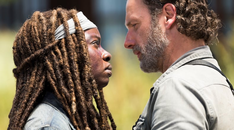 Andrew Lincoln as Rick Grimes, Danai Gurira as Michonne - The Walking Dead _ Season 8, Episode 1 - Photo Credit: Jackson Lee Davis/AMC