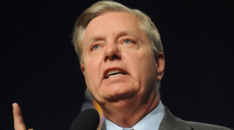 DES MOINES, IA - SEPTEMBER 19: Republican presidential candidate, and U.S. Senator Lindsey Graham (R-SC), speaks at the Iowa Faith & Freedom Coalition 15th Annual Family Banquet and Presidential Forum held at the Iowa State fairgrounds on September 19, 2015 in Des Moines, Iowa. Eight of the Republican candidates including Donald Trump are expected to attend the event. (Photo by Steve Pope/Getty Images)