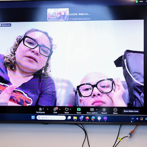 Sandibell Hidalgo, left, and Ofelia Torres, 16, speak to the room about the detention of Ruben Torres Maldonado during a news conference calling for the release of Ruben Torres Maldonado at on Wednesday, Oct. 22, 2025.  (Anthony Vazquez /Chicago Sun-Times via AP)