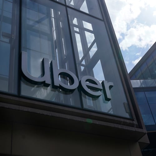 FILE - An Uber logo is displayed at the company's headquarters in San Francisco on Sept. 12, 2022. (AP Photo/Jeff Chiu, File)