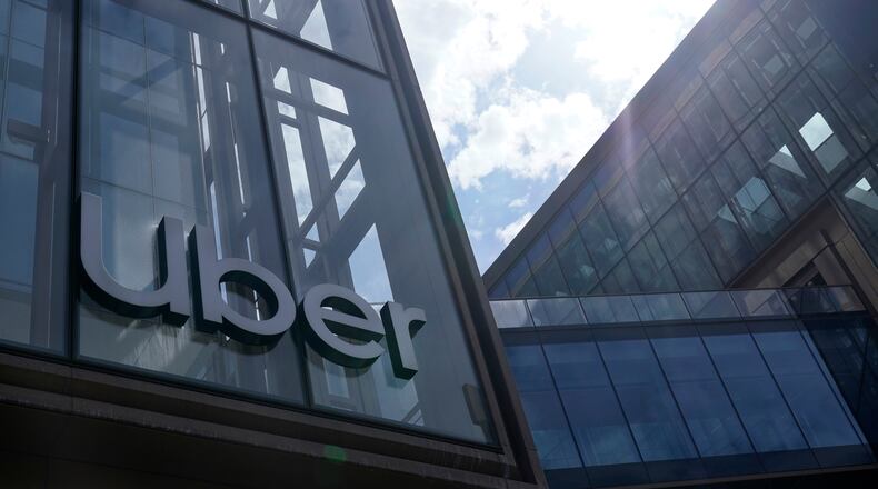 FILE - An Uber logo is displayed at the company's headquarters in San Francisco on Sept. 12, 2022. (AP Photo/Jeff Chiu, File)