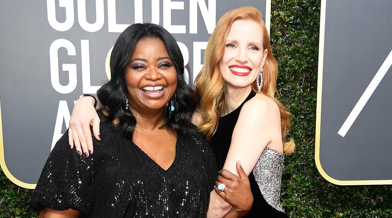 BEVERLY HILLS, CA - JANUARY 07: Actors Octavia Spencer (L) and Jessica Chastain attend The 75th Annual Golden Globe Awards at The Beverly Hilton Hotel on January 7, 2018 in Beverly Hills, California. (Photo by Frazer Harrison/Getty Images)