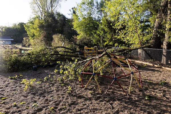 Trees lay in a playground in Dorr, Mich., after a severe storm ripped across Michigan the night before, on Friday, May 16. 2025. (Neil Blake /The Grand Rapids Press via AP)