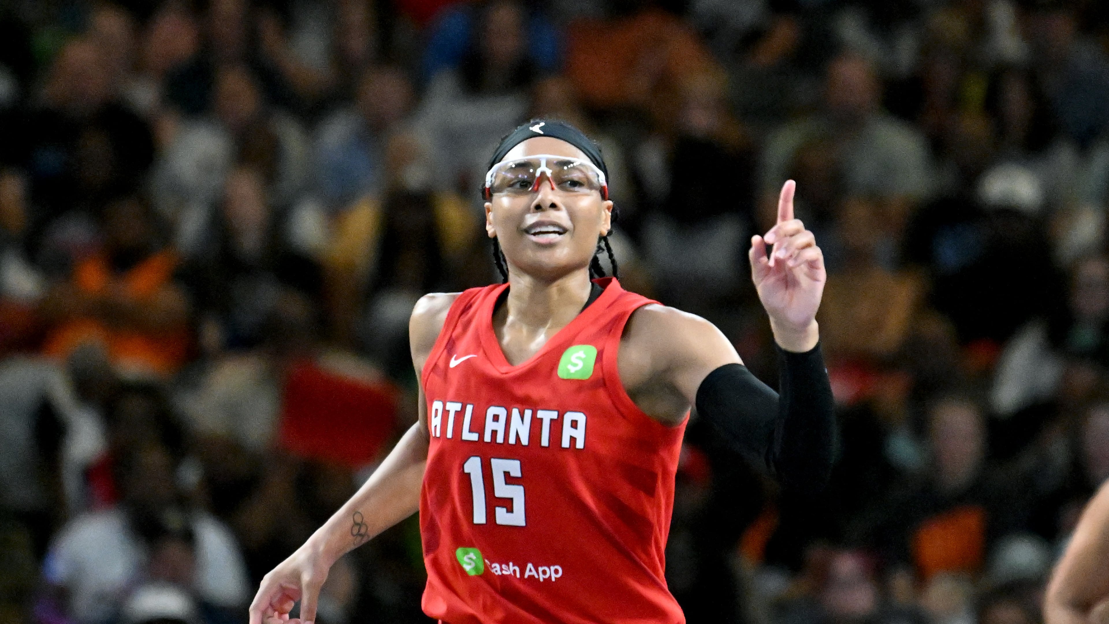 Guard Allisha Gray celebrates at Gateway Center Arena on Saturday, Aug. 23, 2025, in College Park. The Atlanta Dream won 78-62 over the New York Liberty. (Hyosub Shin/AJC)