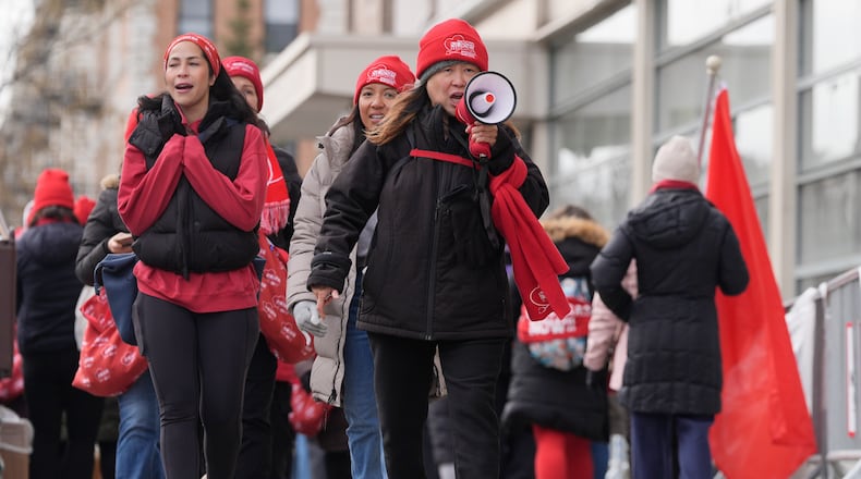 Nurses and their supporters strike in front of NewYork-Presbyterian hospital in New York, Thursday, Feb. 19, 2026. (AP Photo/Seth Wenig)