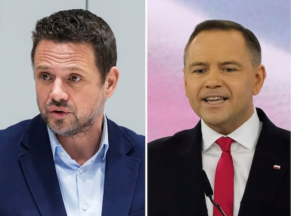 This combination of photos shows Warsaw Mayor Rafal Trzaskowski, left, in Warsaw, Poland, on March 14, 2022 and Karol Nawrocki in Szeligi near Warsaw, Poland, on March 2, 2025. (AP Photo/Czarek Sokolowski, File)