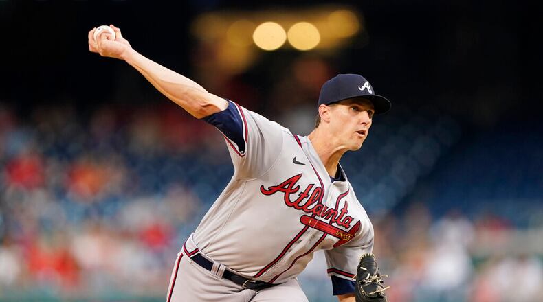 Atlanta Braves starting pitcher Kyle Wright throws to the Washington Nationals in the first inning of a baseball game, Thursday, July 14, 2022, in Washington. (AP Photo/Patrick Semansky)