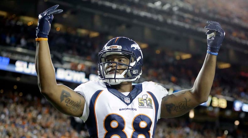 Denver Broncos Demaryius Thomas (88) celebrates as the clock winds down in the second half of the NFL Super Bowl 50 football game against the Carolina Panthers, Sunday, Feb. 7, 2016, in Santa Clara, Calif. The Broncos defeated the Panthers 24-10. (AP Photo/Ben Margot)