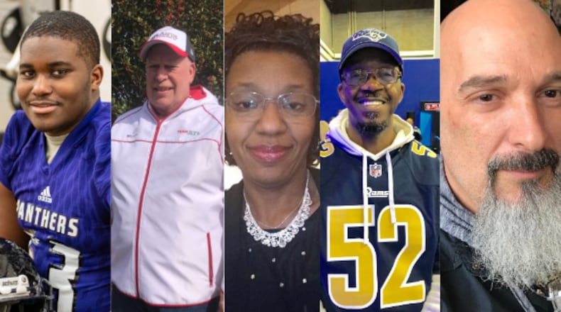These are Monday's five faces in a Super Bowl crowd of thousands, left to right: Jamar Milfort, Richard Lee, Pamela Perry, Leslie Farris and Mike Jakob.