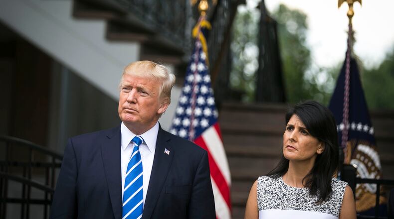 FILE — Donald Trump and Nikki Haley during a news conference at the Trump National Golf Club in Bedminster, N.J., on Aug. 11, 2017. Haley made herself the public face at the U.N. of the administration’s decision to move the U.S. Embassy in Israel to Jerusalem from Tel Aviv. (Al Drago/The New York Times)  ...
