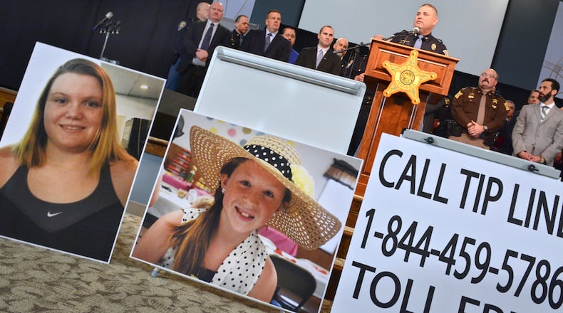 Indiana State Police Peru post public information officer Tony Slocum spoke at a news conference back in February on the killing of Liberty German, left, and Abigail Williams on a hiking trail in central Indiana. Authorities released a sketch Monday of the man they believed killed the girls.