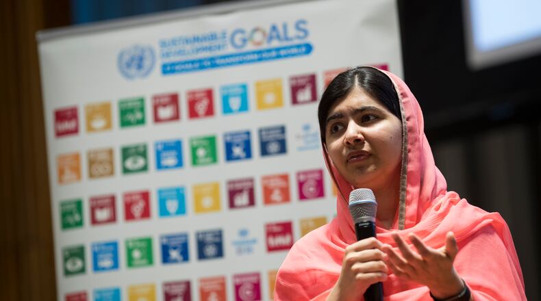 NEW YORK, NY - APRIL 10: Malala Yousafzai speaks during a ceremony to name her as a United Nations Messenger of Peace at UN headquarters, April 10, 2017 in New York City. Yousafzai, who is the youngest winner of the Nobel Peace Prize, will now become the youngest to be named a United Nations Messenger of Peace. (Photo by Drew Angerer/Getty Images)