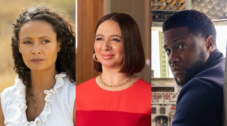 Thandie Newton in the new season of "Westworld" on HBO; Maya Rudolph in a new series "Loot," and Kevin Hart in Netflix's "The Man From Toronto." PUBLICITY PHOTOS