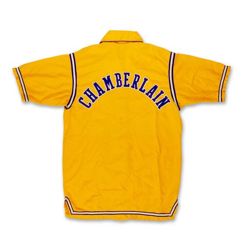 This undated photo provided by Sotheby's shows a warmup jacket worn by Wilt Chamberlain during the 1972 NBA Finals that was found in an Oregon thrift store. (Sotheby's via AP)