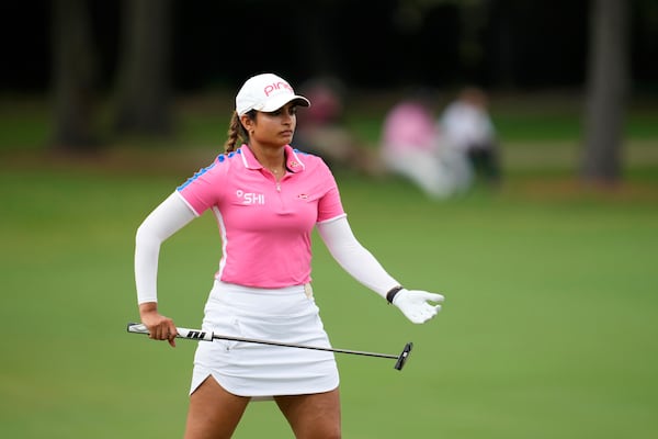 Gurleen Kaur reacts on the 18th hole during the first round of the Chevron Championship LPGA golf tournament Thursday, April 24, 2025, in The Woodlands, Texas. (AP Photo/Ashley Landis)