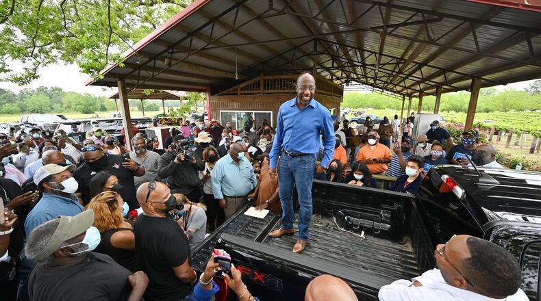 May 4, 2021 Byromville - Senator Reverend Raphael Warnock speaks to supporters at JibbÕs Vineyard in Byromville on Tuesday, May 4, 2021. (Hyosub Shin / Hyosub.Shin@ajc.com)