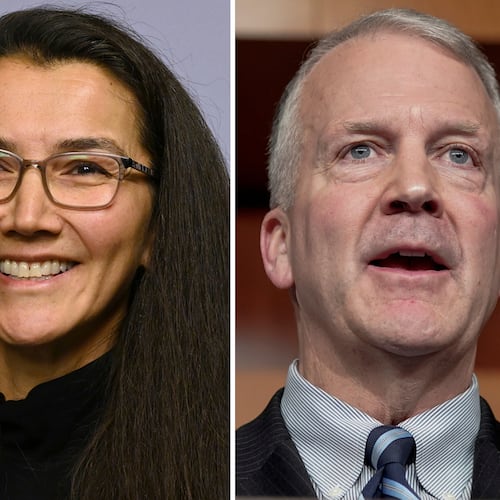 This photo combination shows Democratic Rep. Mary Peltola, Oct. 10, 2024, in Anchorage, Alaska, left, and Sen. Dan Sullivan, R-Alaska, Feb. 8, 2024, on Capitol Hill in Washington. (Bill Roth, Mariam Zuhaib/Anchorage Daily News via AP/AP, file)