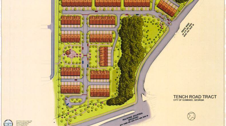 Suwanee recently approved plans for 83 townhomes on about 10 acres at the intersection of Tench Road and Peachtree Industrial Boulevard. (Courtesy City of Suwanee)