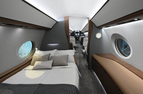 A sleeping area inside Gulfstream’s G700 aircraft at Gulfstream Aerospace Corporation’s showroom  in Savannah. (Hyosub Shin/AJC)
