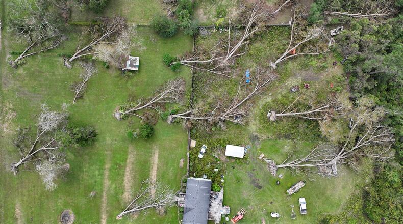 Aerial photo show fallen trees caused by Hurricane Helene in Alapaha, Tuesday, October 1, 2024. Recovery efforts continue Sunday across Georgia’s 159 counties after Helene barreled through the state, causing catastrophic damage, flooding and at least 17 deaths. More than 400,000 people were still without power statewide after Helene entered South Georgia as a Category 2 hurricane around 1 a.m. Friday. Homes were destroyed, and neighborhoods were flooded across the state. (Hyosub Shin / AJC)