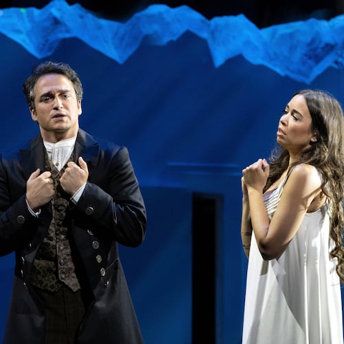 This image released by The Metropolitan Opera shows tenor Xabier Anduaga, left, and soprano Nadine Sierra during a rehearsal for Bellini's "La Sonnambula" at the Metropolitan Opera in New York on Oct. 1, 2025. (Marty Sohl/Met Opera via AP)