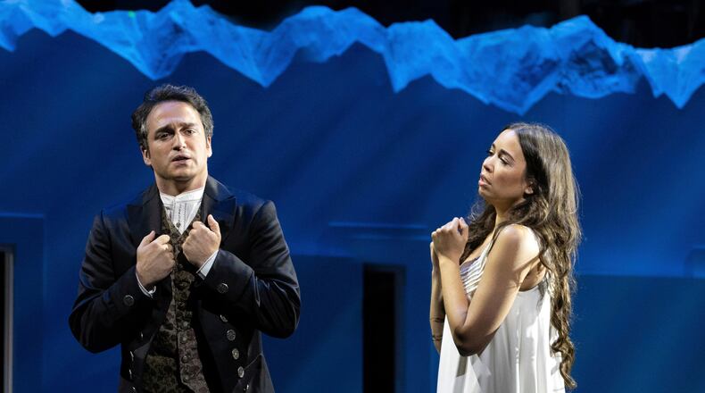 This image released by The Metropolitan Opera shows tenor Xabier Anduaga, left, and soprano Nadine Sierra during a rehearsal for Bellini's "La Sonnambula" at the Metropolitan Opera in New York on Oct. 1, 2025. (Marty Sohl/Met Opera via AP)