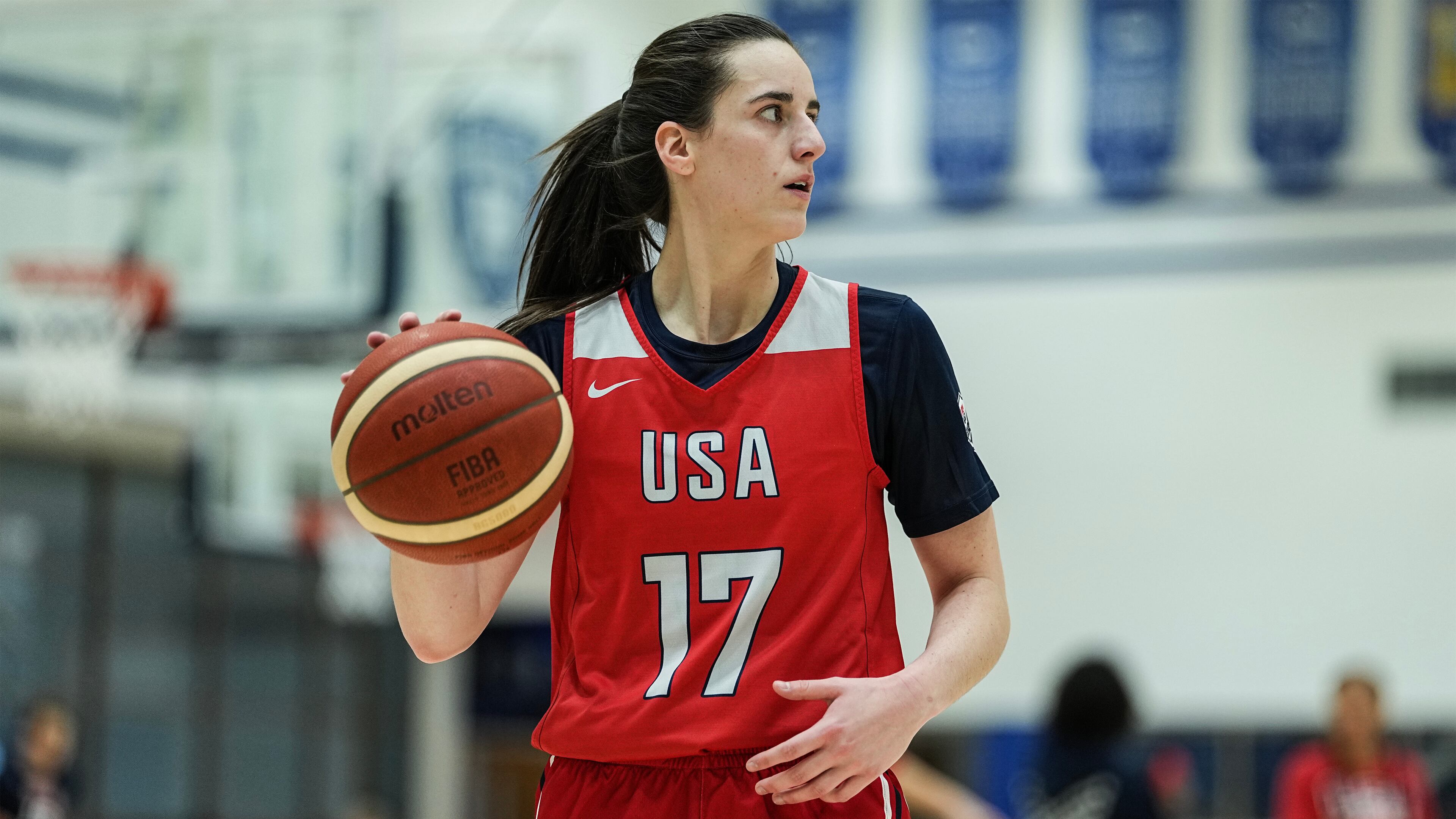 Caitlin Clark (17) brings the ball upcourt during a training camp for the U.S women's national basketball team, Friday, Dec. 12, 2025, in Durham, N.C. (AP Photo/Matt Kelley)