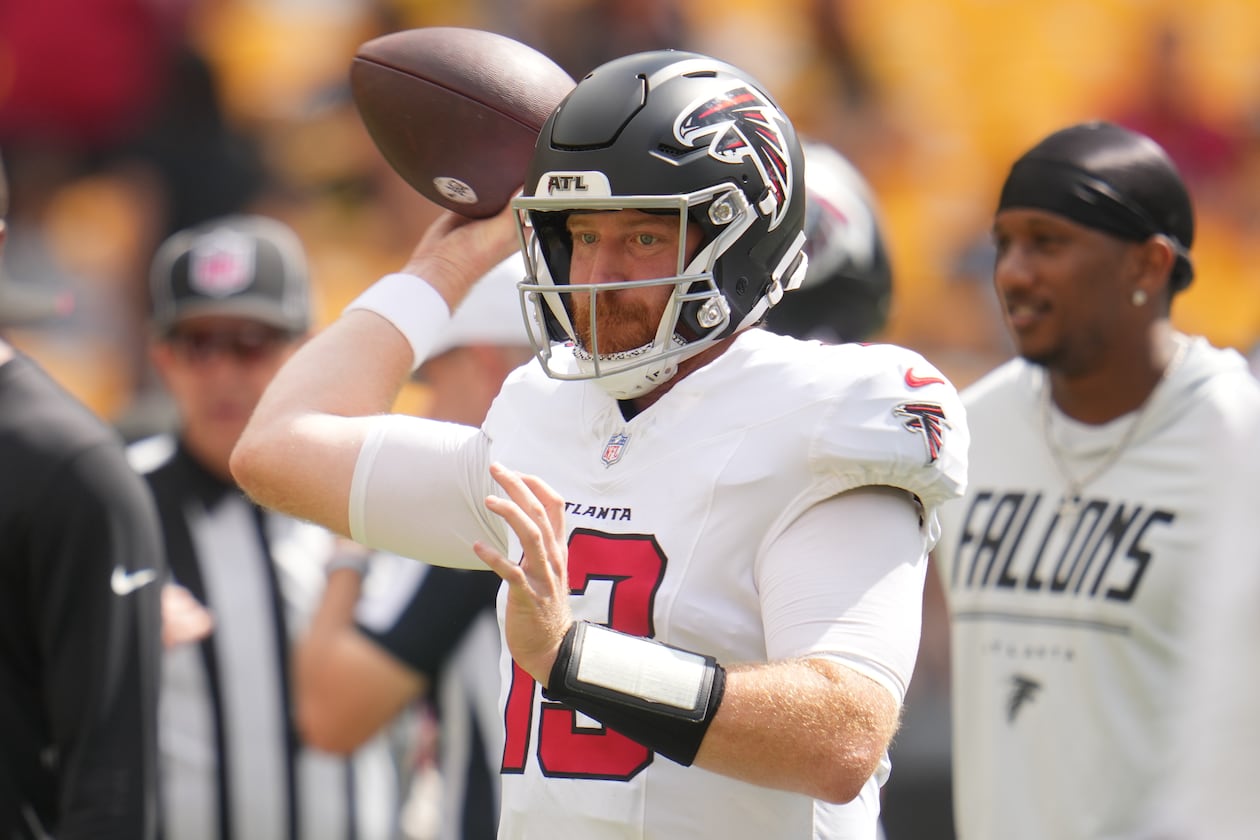 Atlanta Falcons quarterback Cooper Rush warms up before an NFL game against the Pittsburgh Steelers, Sunday, Sept. 13, 2026, in Pittsburgh. (Gene J. Puskar/AP)