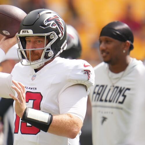 Atlanta Falcons quarterback Cooper Rush warms up before an NFL football game against the Pittsburgh Steelers, Sunday, Sept. 13, 2026, in Pittsburgh. (Gene J. Puskar/AP)
