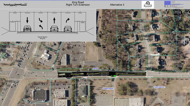 One option Roswell is considering to widen King Road to the west side to construct a right-turn lane into the Roswell High School’s student parking lot entrance and to extend the multi-use trail south towards Ga. 92. (Courtesy City of Roswell)