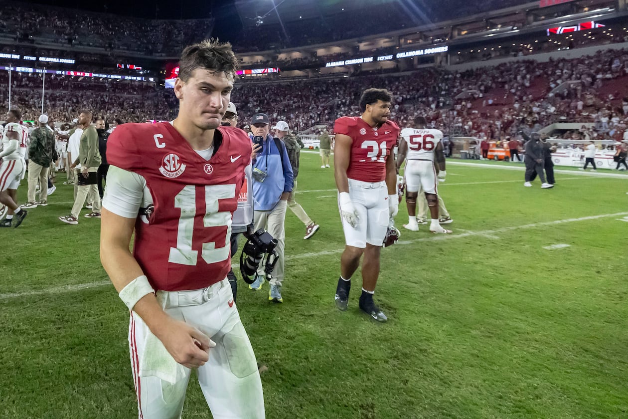 Alabama quarterback Ty Simpson walks off the field after losing to Oklahoma on Saturday, Nov. 15, 2025, in Tuscaloosa, Ala. (Vasha Hunt/AP)